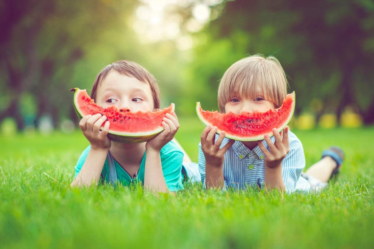 Happy little boys eating watermelon in a park