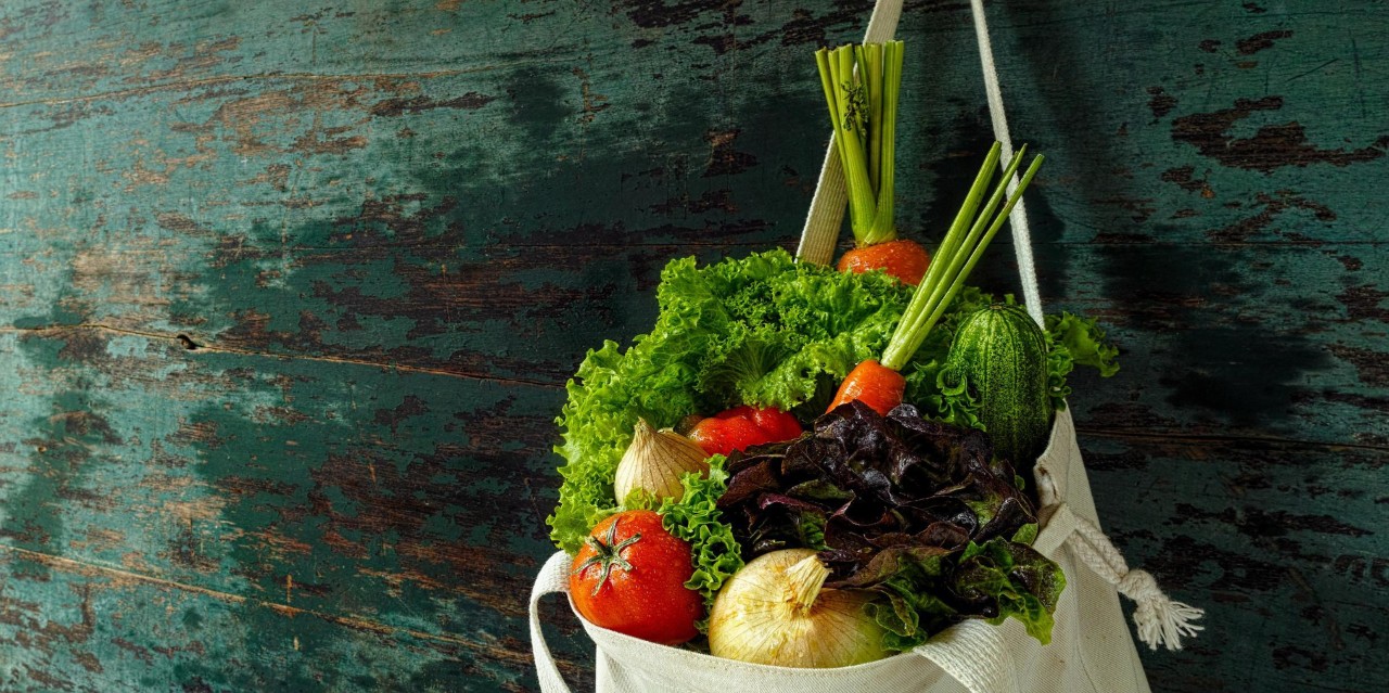 Fresh salad vegetables in the environmental conservation awareness bag include lettuce, tomato, carrot, cucumber, onion and capsicum. Atmospheric daylight natural lighting, good copy space on the left of the image.